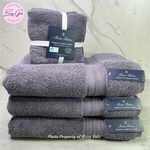 Brooks Brothers 7Pc Dark Plum Purple Gray Turkish Bath & Washcloth Towel Set